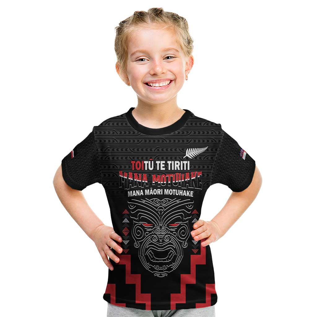 Personalised Toitu Te Tiriti Mana Maori Motuhake Kid T Shirt Aotearoa Haka Face Mix Poutama Art LT14 Black - Polynesian Pride