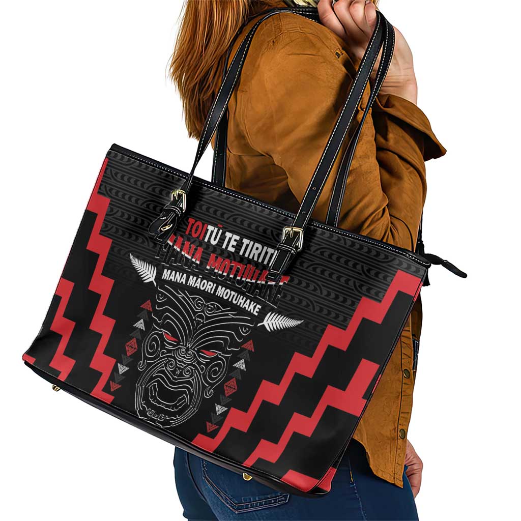 Personalised Toitu Te Tiriti Mana Maori Motuhake Leather Tote Bag Aotearoa Haka Face Mix Poutama Art