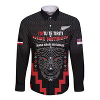 Personalised Toitu Te Tiriti Mana Maori Motuhake Long Sleeve Button Shirt Aotearoa Haka Face Mix Poutama Art LT14 Unisex Black - Polynesian Pride