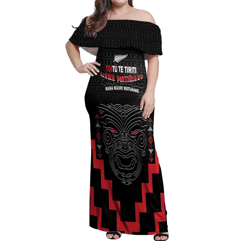 Personalised Toitu Te Tiriti Mana Maori Motuhake Off Shoulder Maxi Dress Aotearoa Haka Face Mix Poutama Art LT14 Women Black - Polynesian Pride