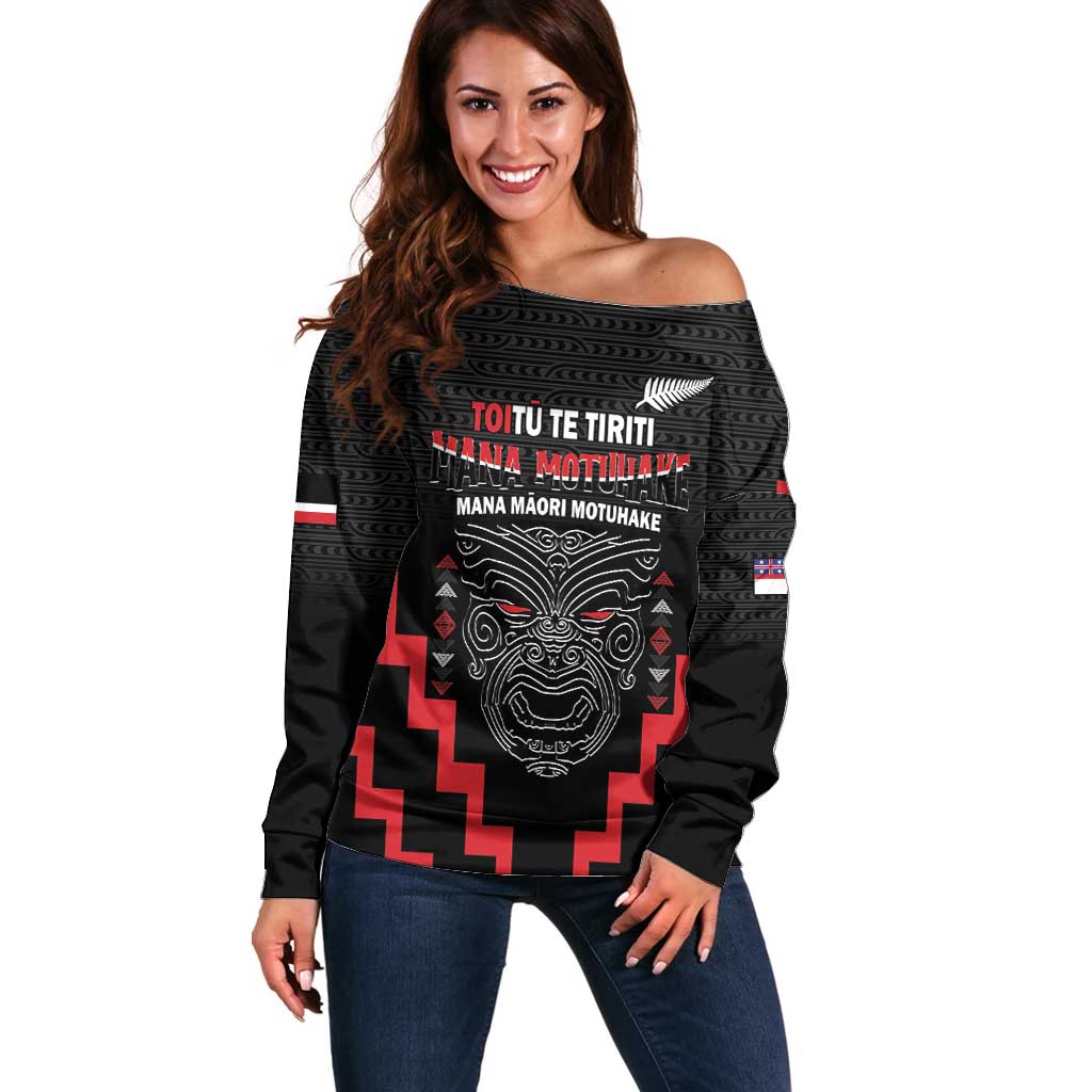 Personalised Toitu Te Tiriti Mana Maori Motuhake Off Shoulder Sweater Aotearoa Haka Face Mix Poutama Art