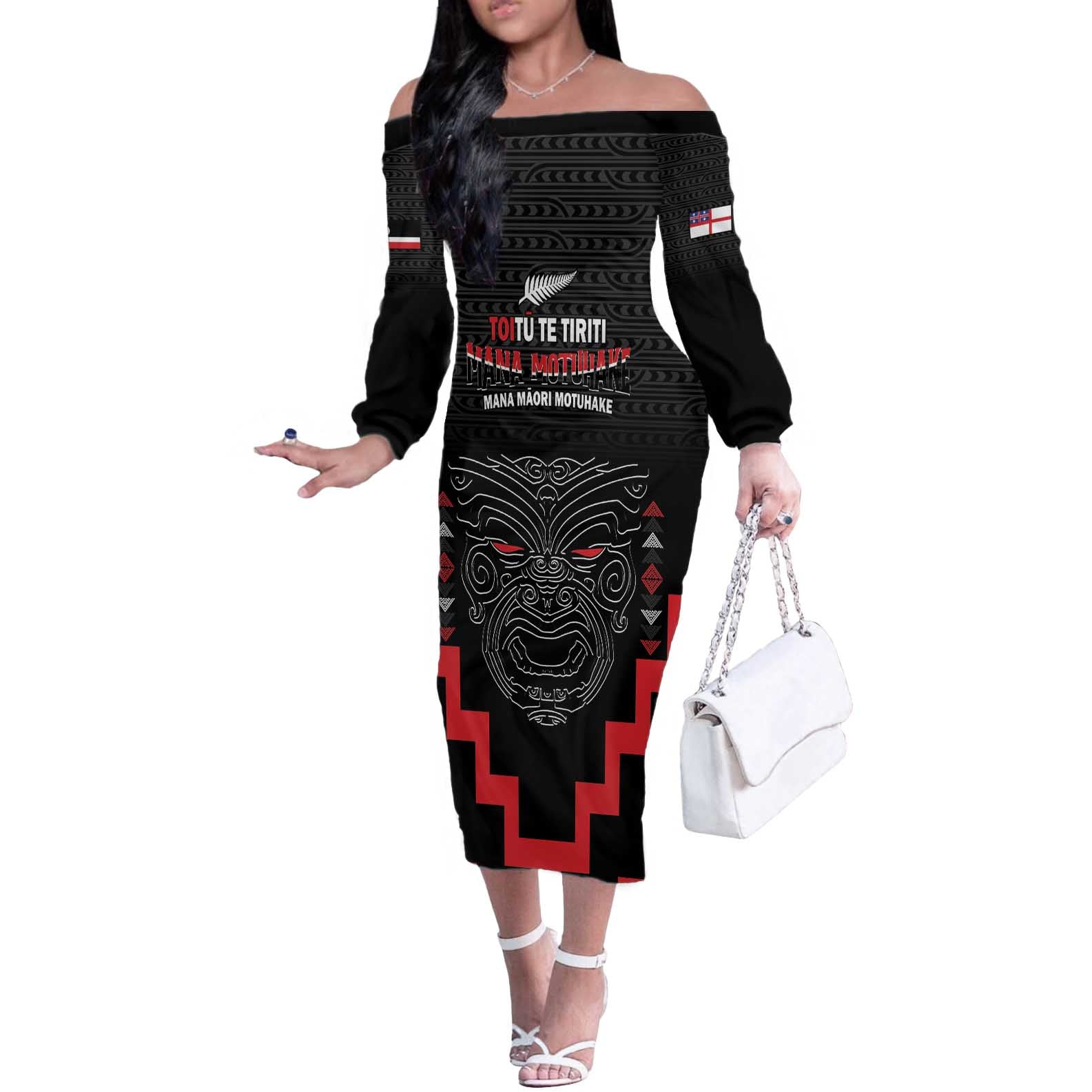 Personalised Toitu Te Tiriti Mana Maori Motuhake Off The Shoulder Long Sleeve Dress Aotearoa Haka Face Mix Poutama Art