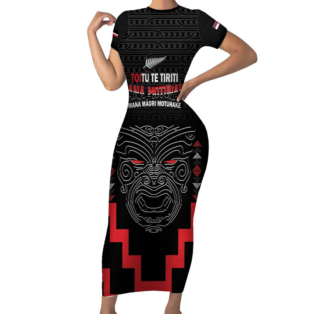 Personalised Toitu Te Tiriti Mana Maori Motuhake Short Sleeve Bodycon Dress Aotearoa Haka Face Mix Poutama Art