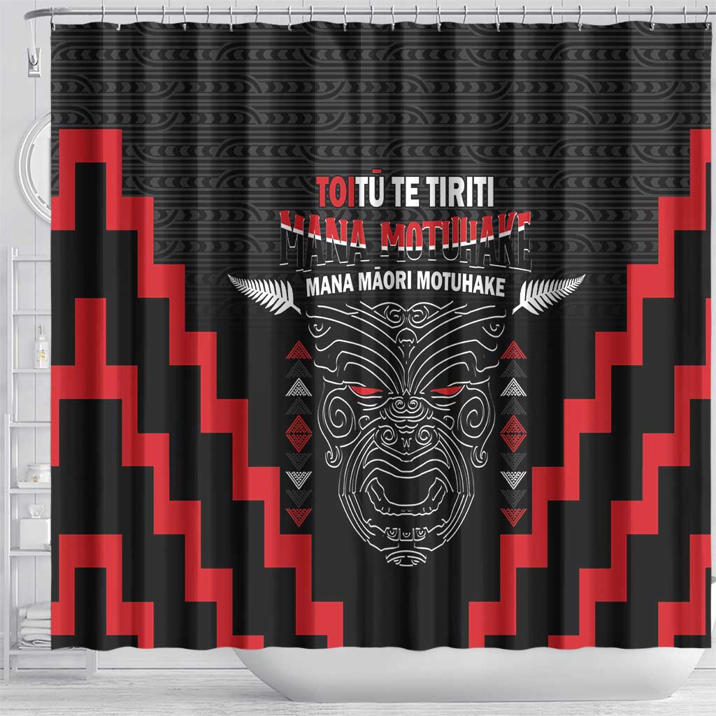 Personalised Toitu Te Tiriti Mana Maori Motuhake Shower Curtain Aotearoa Haka Face Mix Poutama Art LT14 - Polynesian Pride