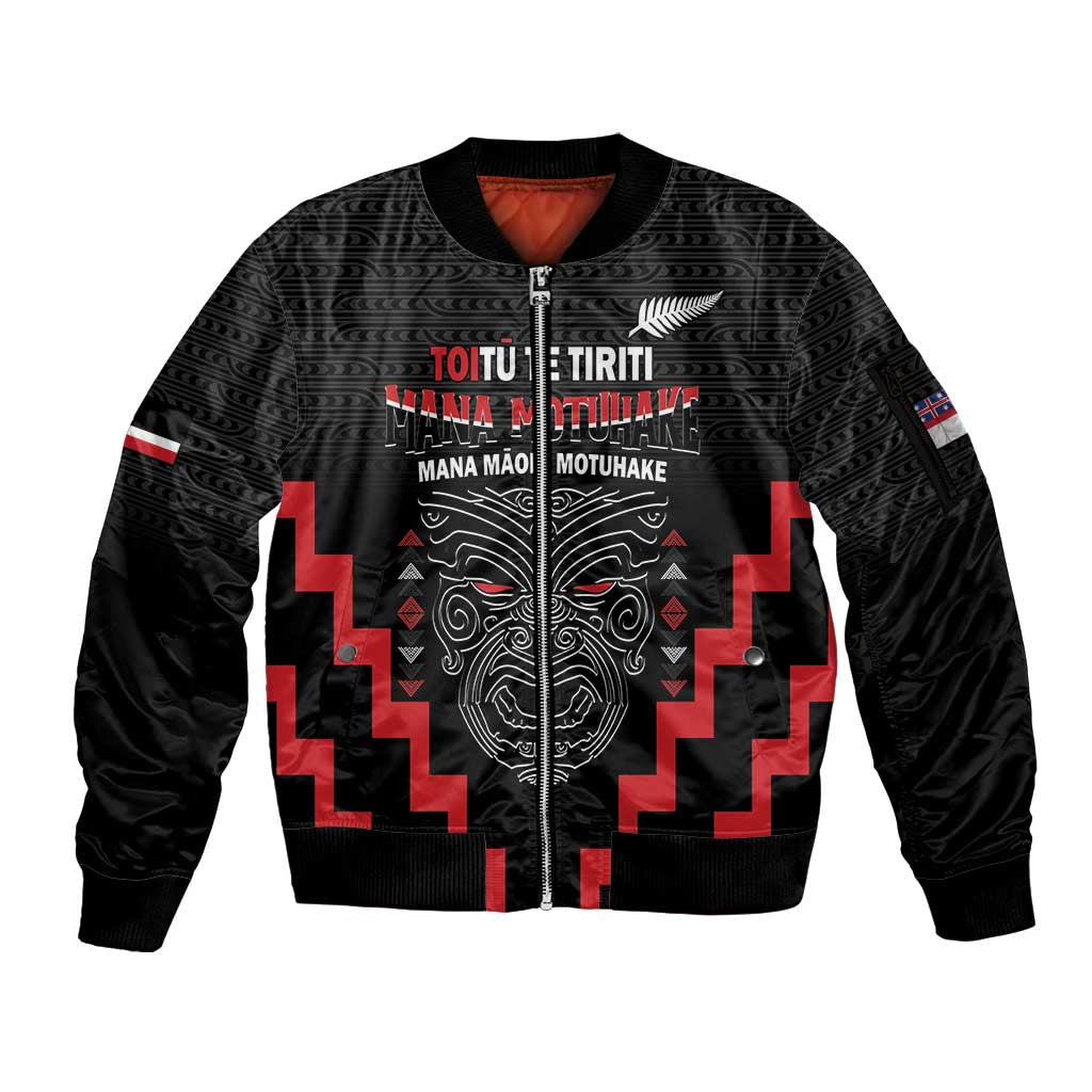 Personalised Toitu Te Tiriti Mana Maori Motuhake Sleeve Zip Bomber Jacket Aotearoa Haka Face Mix Poutama Art