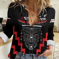 Personalised Toitu Te Tiriti Mana Maori Motuhake Women Casual Shirt Aotearoa Haka Face Mix Poutama Art LT14 Female Black - Polynesian Pride