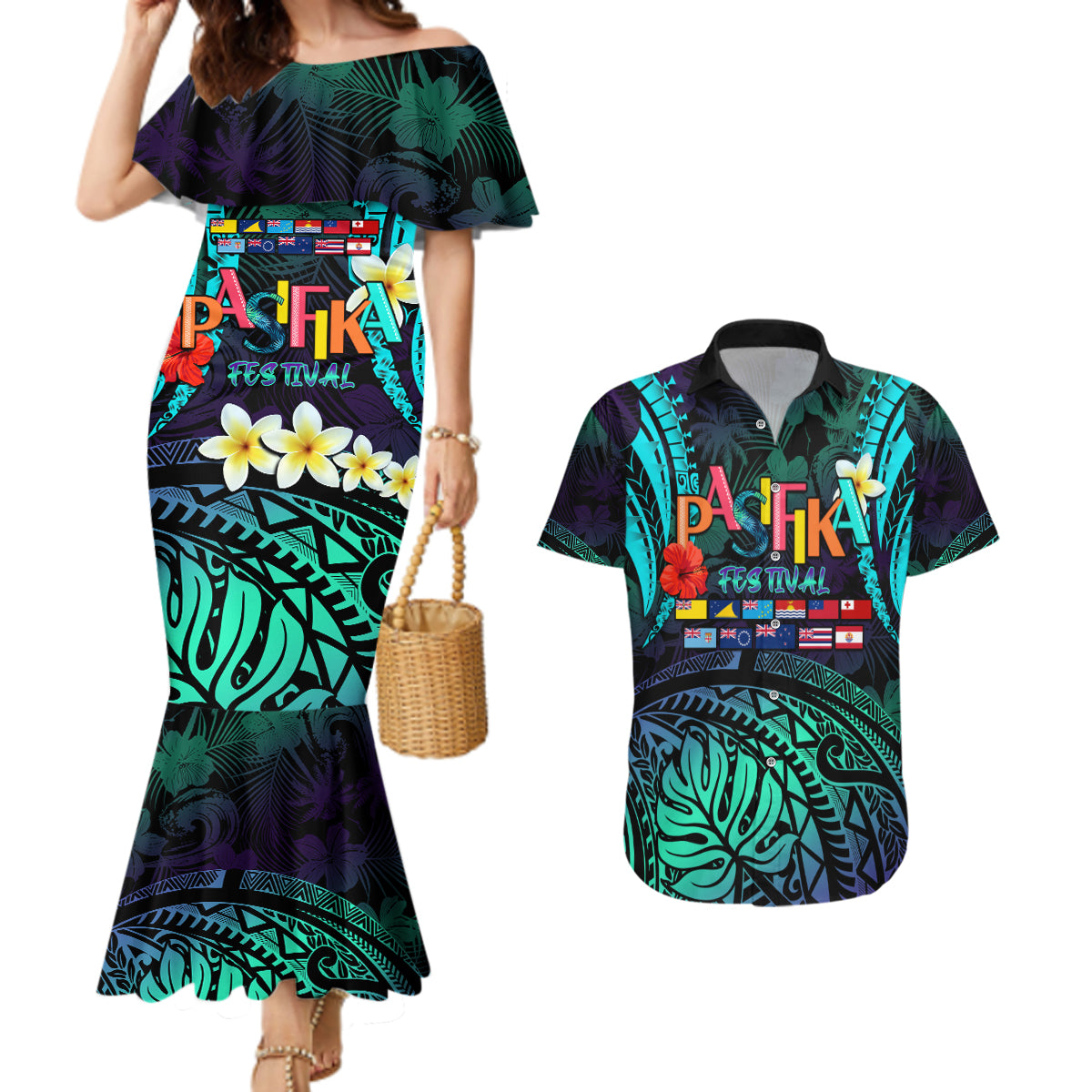 Personalised Pasifika Festival Auckland Couples Matching Mermaid Dress and Hawaiian Shirt 2024 Pacific Islands Polynesian Pattern LT14 Purple - Polynesian Pride