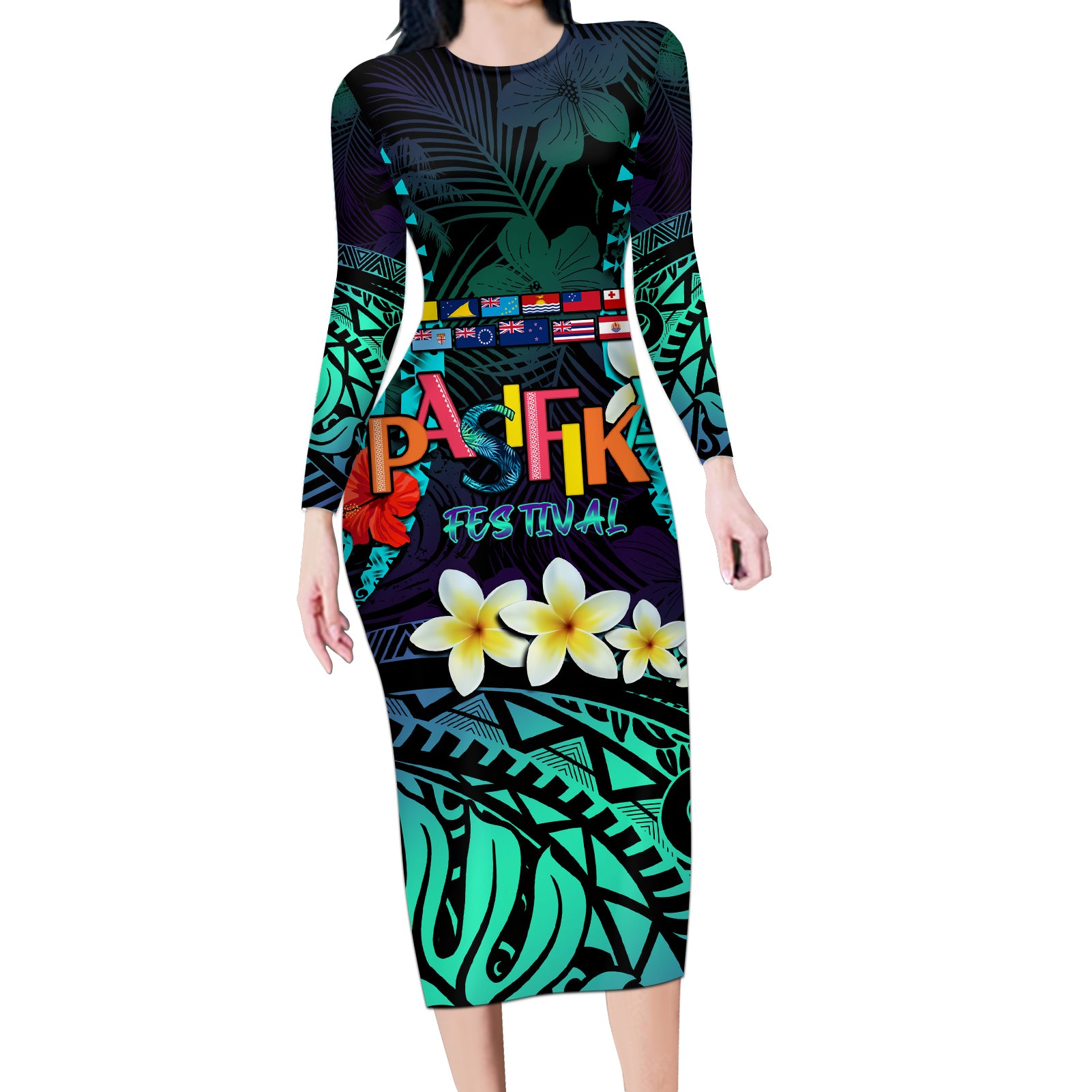 Personalised Pasifika Festival Auckland Long Sleeve Bodycon Dress 2024 Pacific Islands Polynesian Pattern LT14 Long Dress Purple - Polynesian Pride