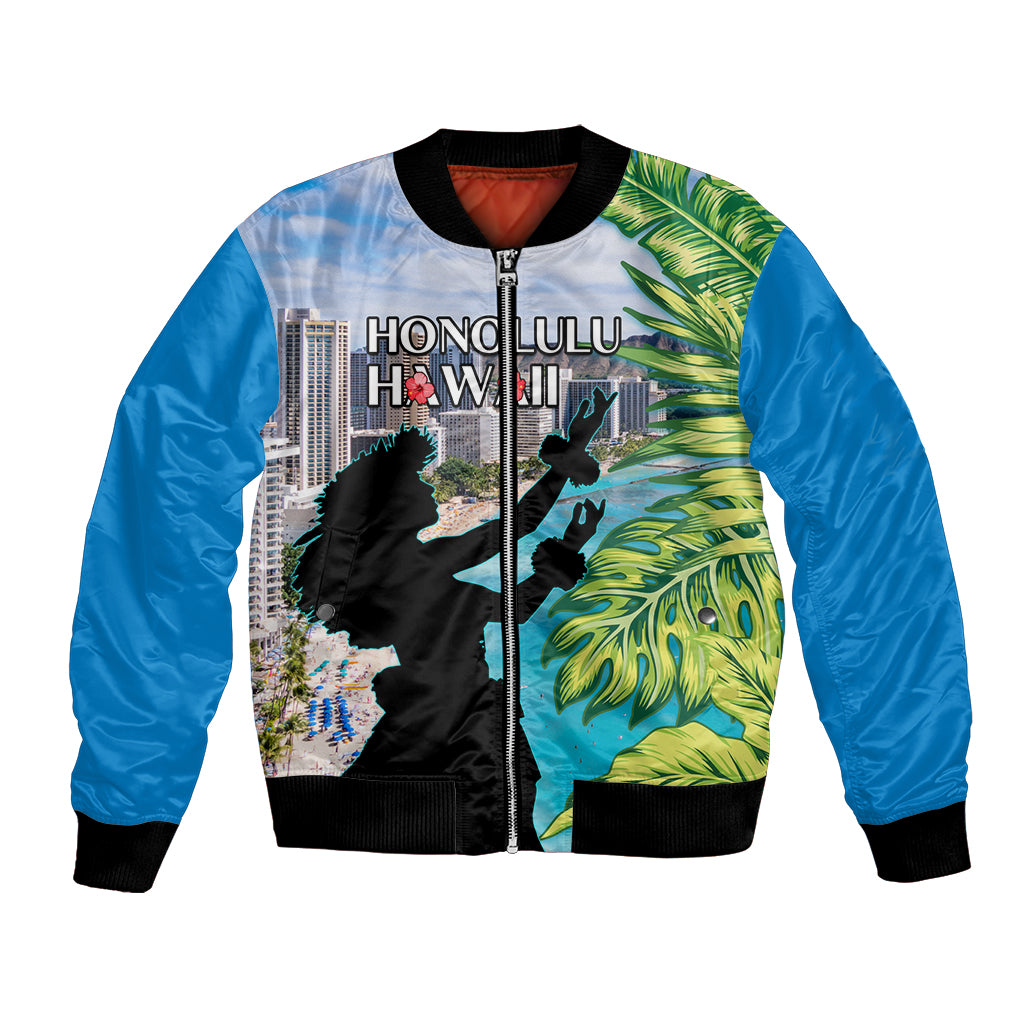 Personalised Honolulu Aloha Hawaii Bomber Jacket Tropical Leaves With Hula Girl LT14 Unisex Blue - Polynesian Pride
