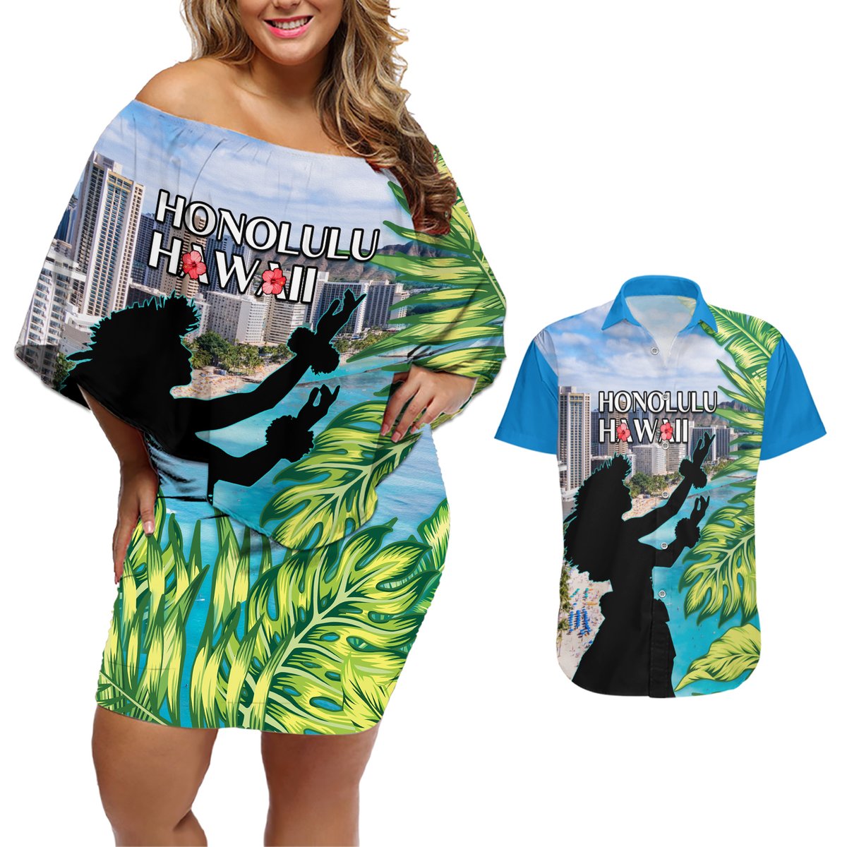 Personalised Honolulu Aloha Hawaii Couples Matching Off Shoulder Short Dress and Hawaiian Shirt Tropical Leaves With Hula Girl LT14 Blue - Polynesian Pride