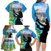 Personalised Honolulu Aloha Hawaii Family Matching Long Sleeve Bodycon Dress and Hawaiian Shirt Tropical Leaves With Hula Girl LT14 - Polynesian Pride