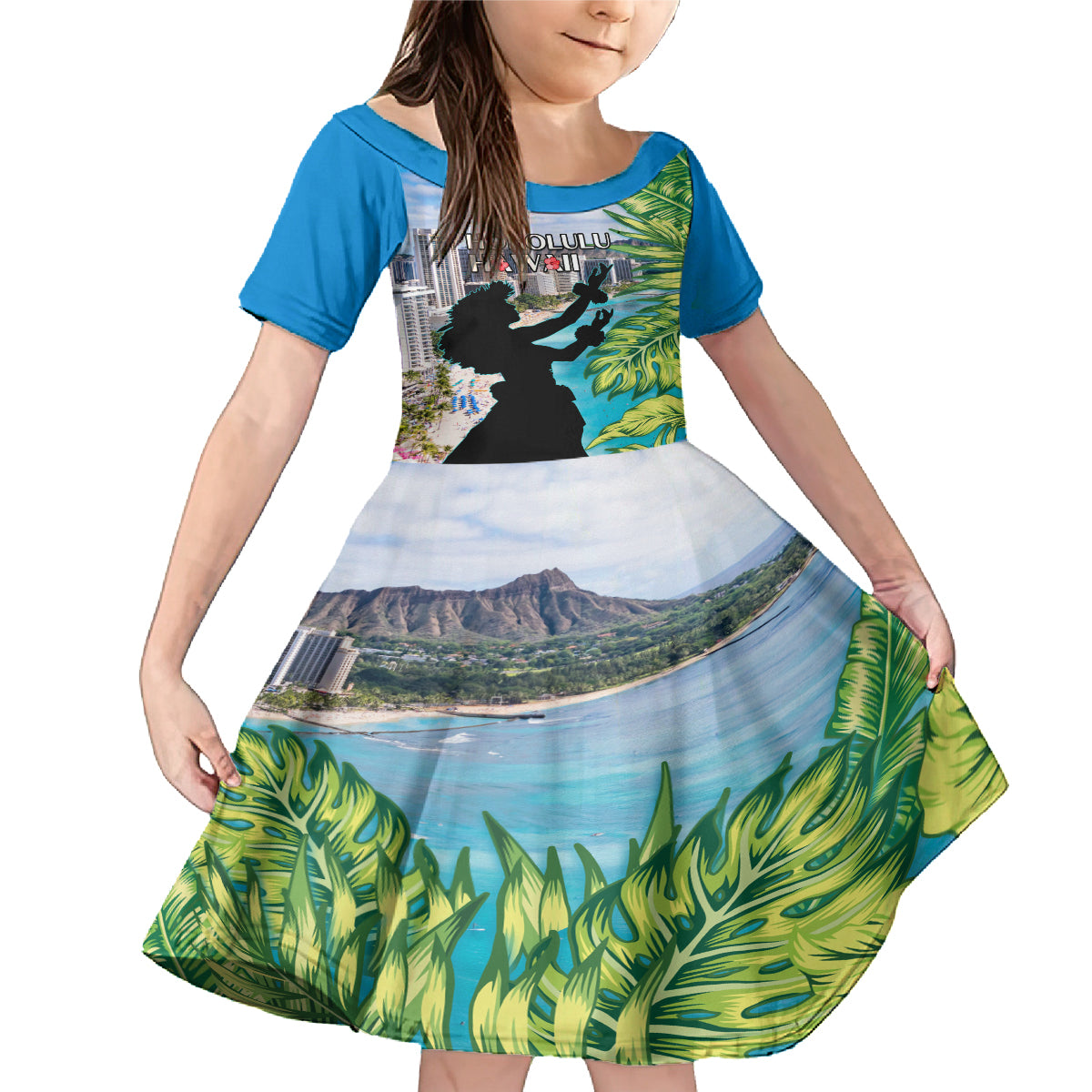 Personalised Honolulu Aloha Hawaii Family Matching Mermaid Dress and Hawaiian Shirt Tropical Leaves With Hula Girl LT14 Daughter's Dress Blue - Polynesian Pride