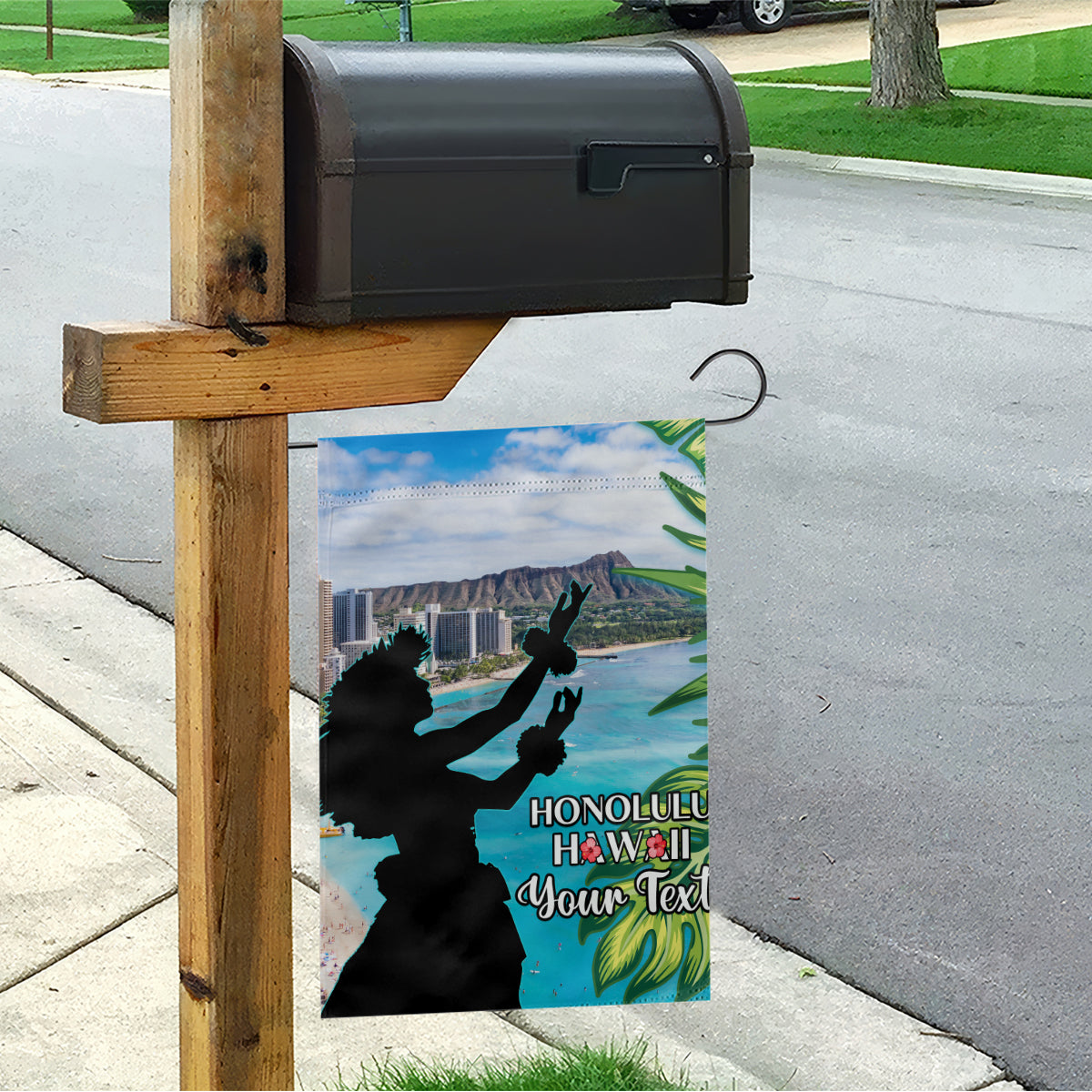 Personalised Honolulu Aloha Hawaii Garden Flag Tropical Leaves With Hula Girl LT14 - Polynesian Pride