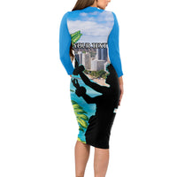 Personalised Honolulu Aloha Hawaii Long Sleeve Bodycon Dress Tropical Leaves With Hula Girl LT14 - Polynesian Pride