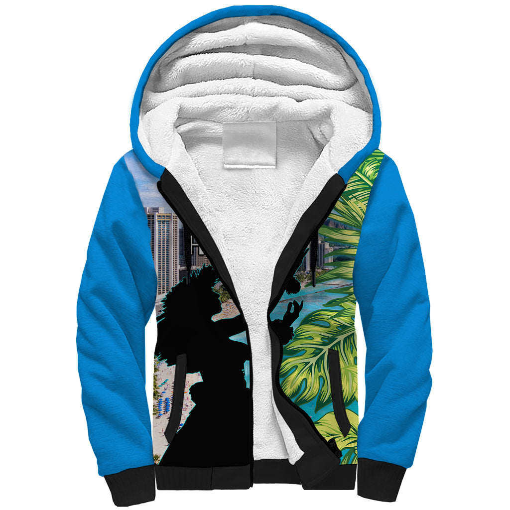 Personalised Honolulu Aloha Hawaii Sherpa Hoodie Tropical Leaves With Hula Girl LT14 Unisex Blue - Polynesian Pride
