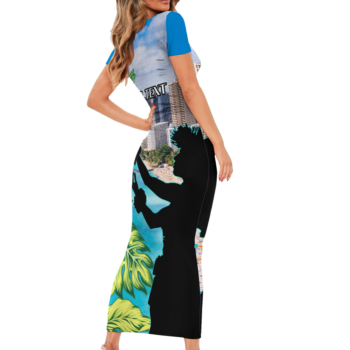 Personalised Honolulu Aloha Hawaii Short Sleeve Bodycon Dress Tropical Leaves With Hula Girl LT14 - Polynesian Pride