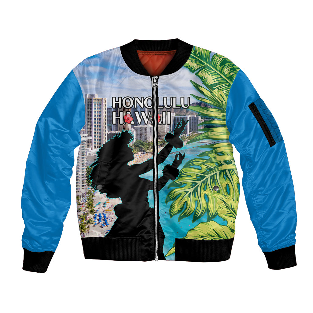 Personalised Honolulu Aloha Hawaii Sleeve Zip Bomber Jacket Tropical Leaves With Hula Girl LT14 Unisex Blue - Polynesian Pride