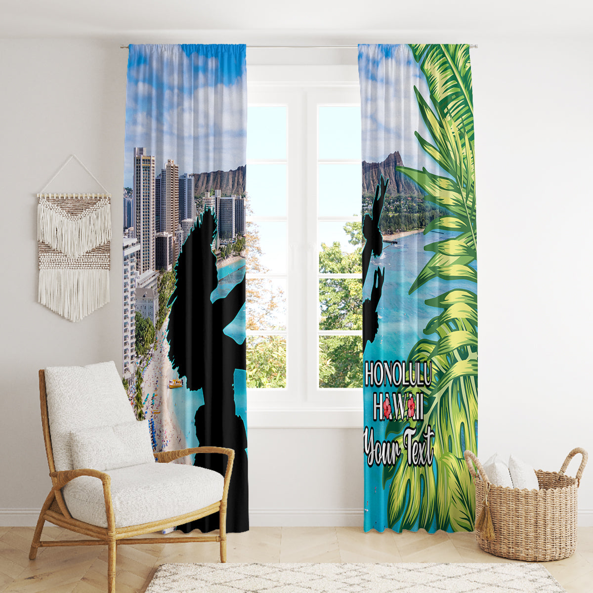 Personalised Honolulu Aloha Hawaii Window Curtain Tropical Leaves With Hula Girl LT14 - Polynesian Pride
