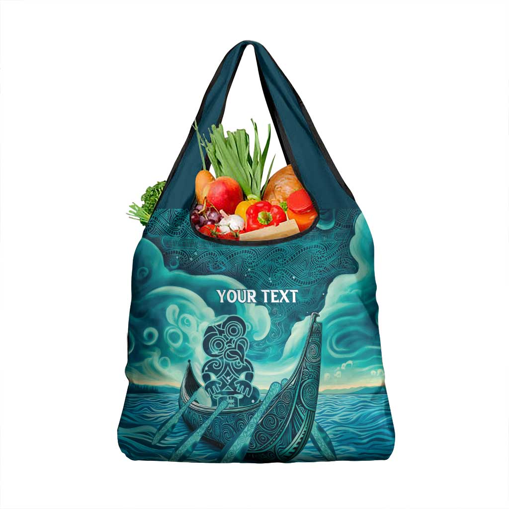 Personalised New Zealand Waitangi Day Grocery Bag Hei Tiki With Maori Waka - Whakarare Pattern