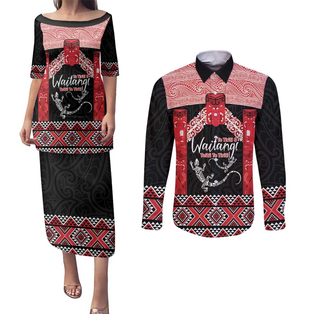 Toitu Te Tiriti O Waitangi Couples Matching Puletasi and Long Sleeve Button Shirt Maori Wharenui With Taniko Motifs