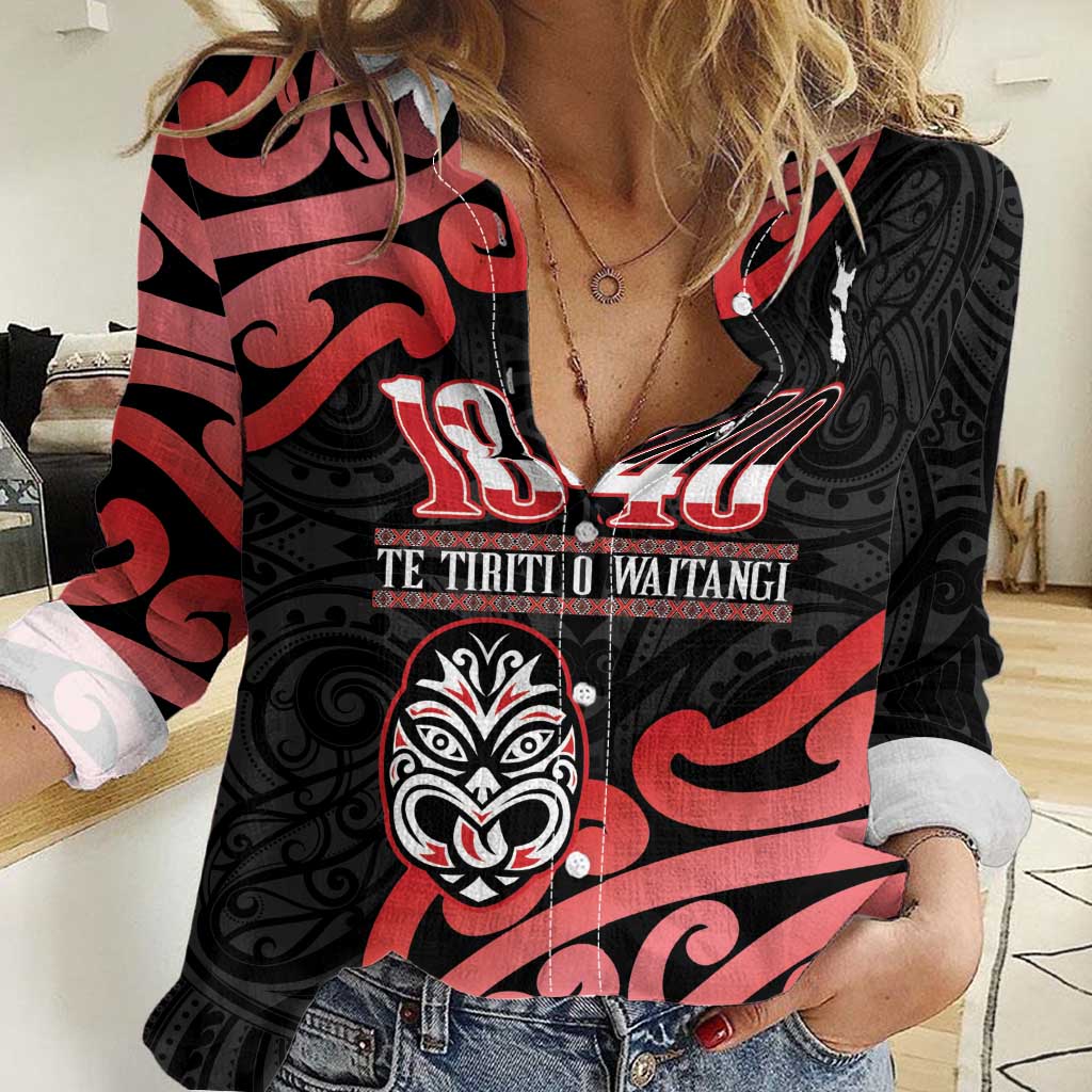 New Zealand 1840 Waitangi Day Women Casual Shirt Aotearoa Haka Mask - Red Version LT14 Female Red - Polynesian Pride