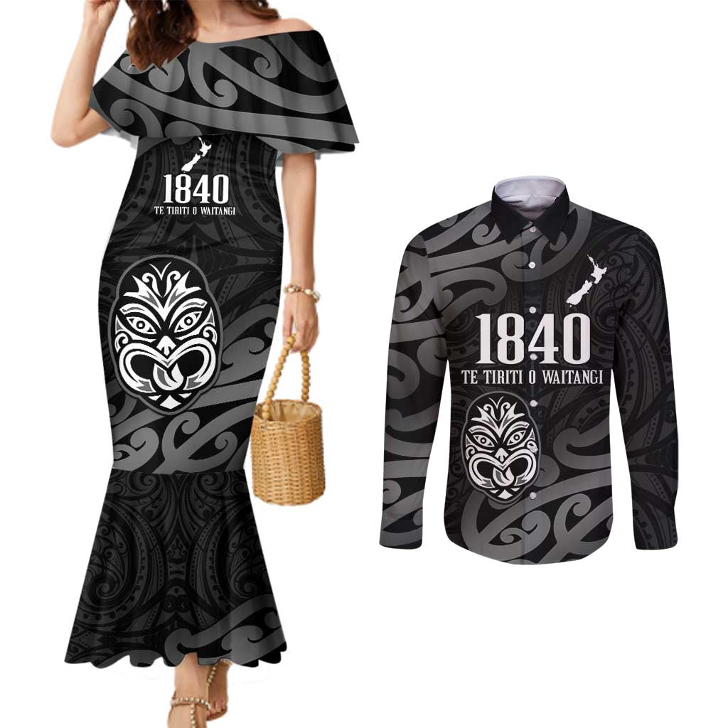 New Zealand 1840 Waitangi Day Couples Matching Mermaid Dress and Long Sleeve Button Shirt Aotearoa Haka Mask - Black Version