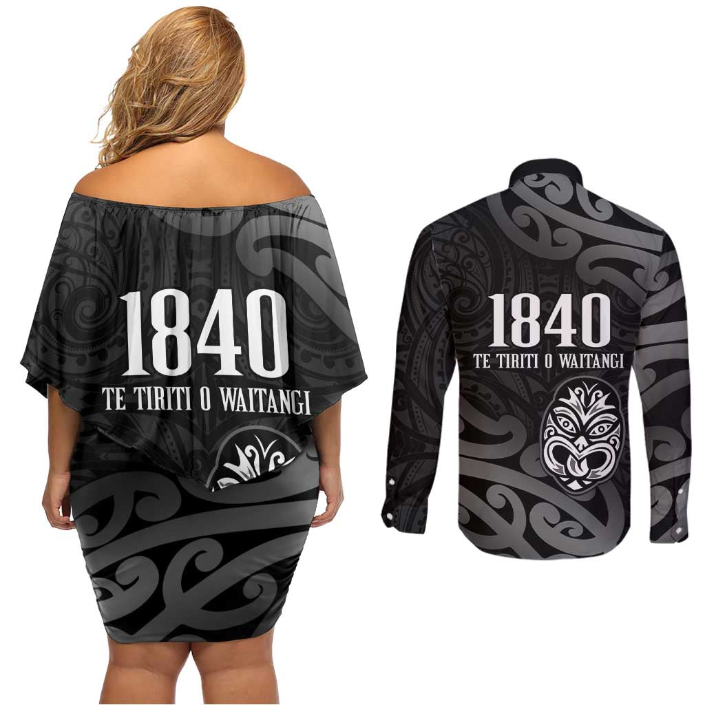 New Zealand 1840 Waitangi Day Couples Matching Off Shoulder Short Dress and Long Sleeve Button Shirt Aotearoa Haka Mask - Black Version