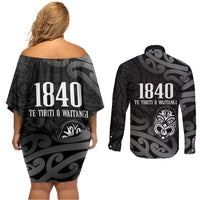 New Zealand 1840 Waitangi Day Couples Matching Off Shoulder Short Dress and Long Sleeve Button Shirt Aotearoa Haka Mask - Black Version