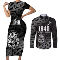 New Zealand 1840 Waitangi Day Couples Matching Short Sleeve Bodycon Dress and Long Sleeve Button Shirt Aotearoa Haka Mask - Black Version
