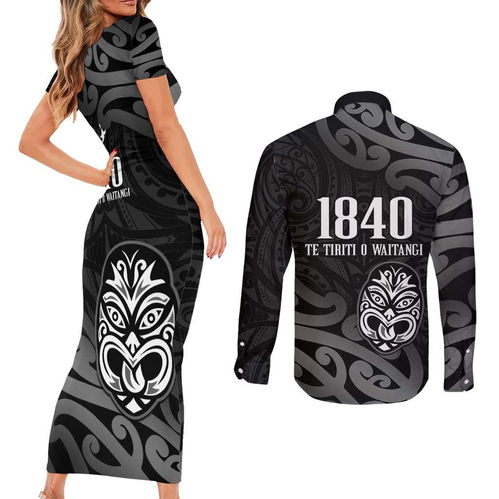New Zealand 1840 Waitangi Day Couples Matching Short Sleeve Bodycon Dress and Long Sleeve Button Shirt Aotearoa Haka Mask - Black Version