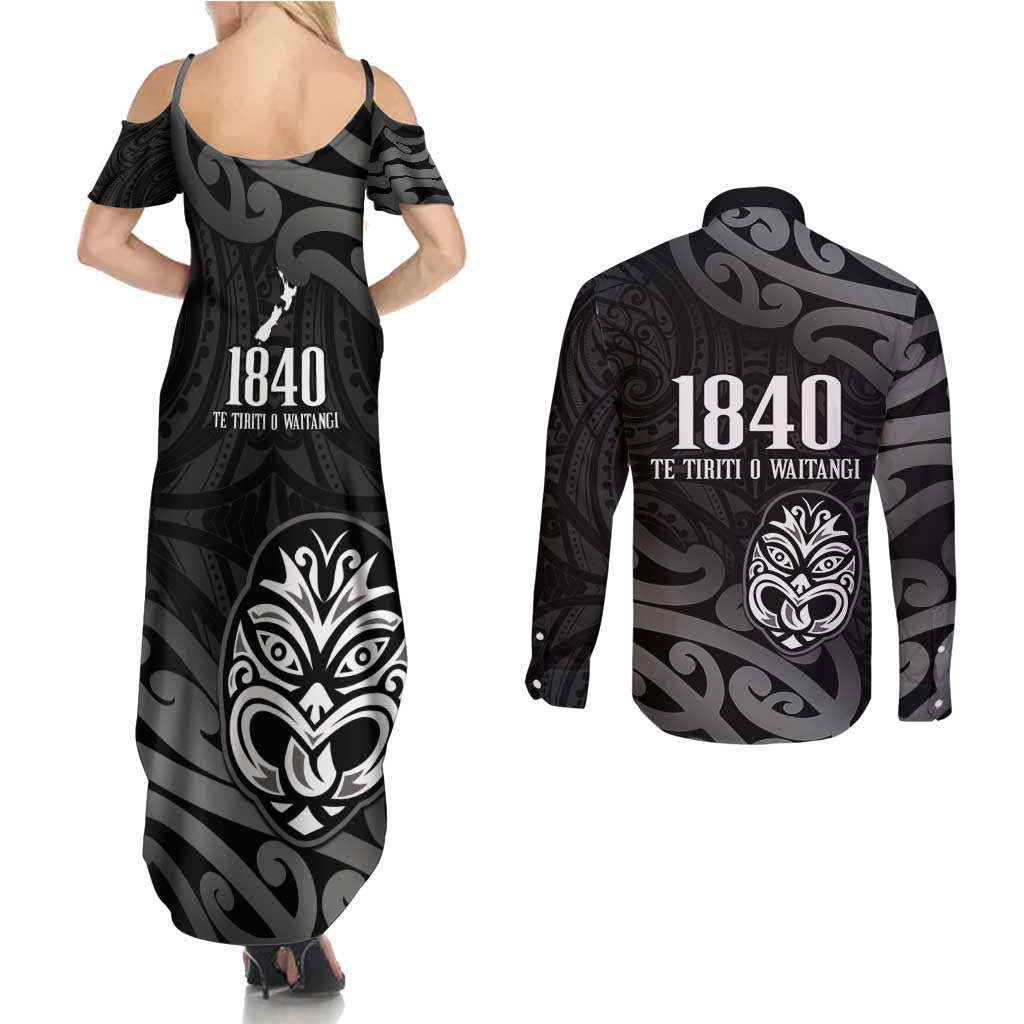New Zealand 1840 Waitangi Day Couples Matching Summer Maxi Dress and Long Sleeve Button Shirt Aotearoa Haka Mask - Black Version