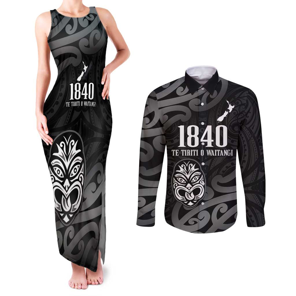 New Zealand 1840 Waitangi Day Couples Matching Tank Maxi Dress and Long Sleeve Button Shirt Aotearoa Haka Mask - Black Version