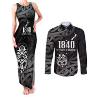 New Zealand 1840 Waitangi Day Couples Matching Tank Maxi Dress and Long Sleeve Button Shirt Aotearoa Haka Mask - Black Version