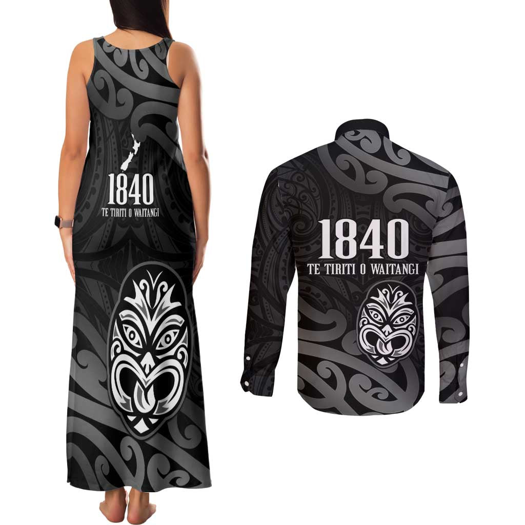 New Zealand 1840 Waitangi Day Couples Matching Tank Maxi Dress and Long Sleeve Button Shirt Aotearoa Haka Mask - Black Version