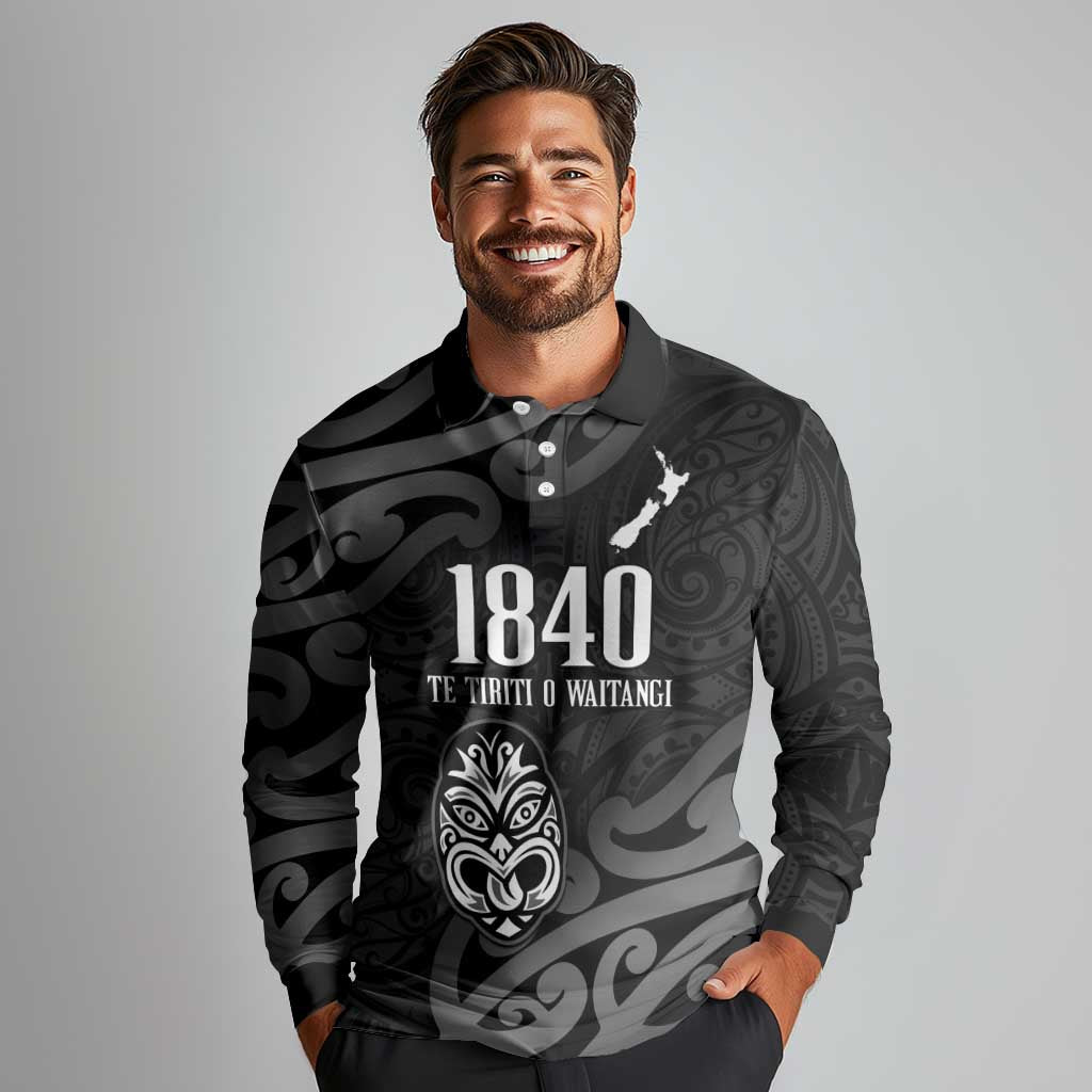 New Zealand 1840 Waitangi Day Long Sleeve Polo Shirt Aotearoa Haka Mask - Black Version
