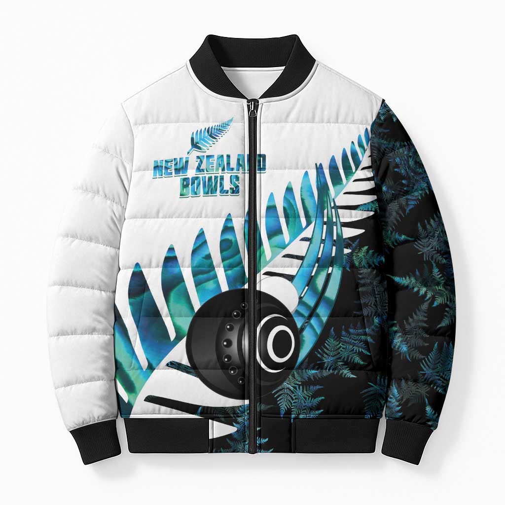 New Zealand Lawn Bowls Custom Bomber Puffer Jacket Aotearoa Silver Fern Paua Shell - Polynesian Pride