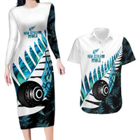 New Zealand Lawn Bowls Custom Couples Matching Long Sleeve Bodycon Dress and Hawaiian Shirt Aotearoa Silver Fern Paua Shell - Polynesian Pride