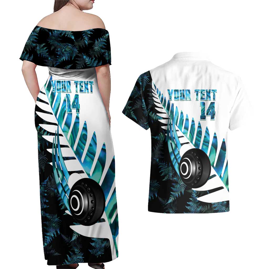 New Zealand Lawn Bowls Custom Couples Matching Off Shoulder Maxi Dress and Hawaiian Shirt Aotearoa Silver Fern Paua Shell - Polynesian Pride