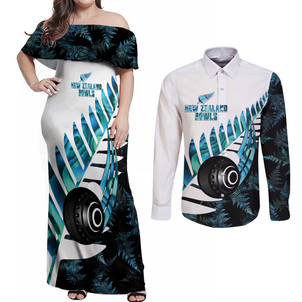 New Zealand Lawn Bowls Custom Couples Matching Off Shoulder Maxi Dress and Long Sleeve Button Shirt Aotearoa Silver Fern Paua Shell - Polynesian Pride