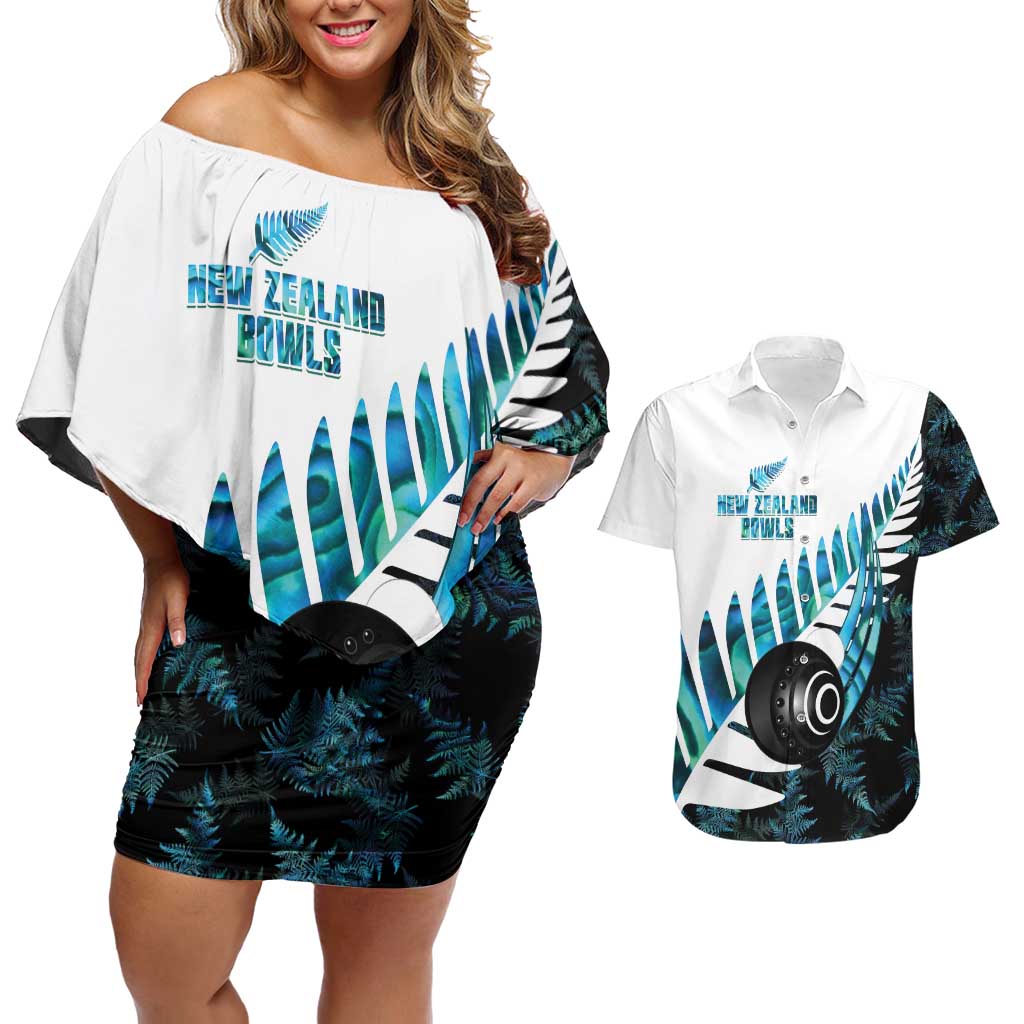 New Zealand Lawn Bowls Custom Couples Matching Off Shoulder Short Dress and Hawaiian Shirt Aotearoa Silver Fern Paua Shell - Polynesian Pride