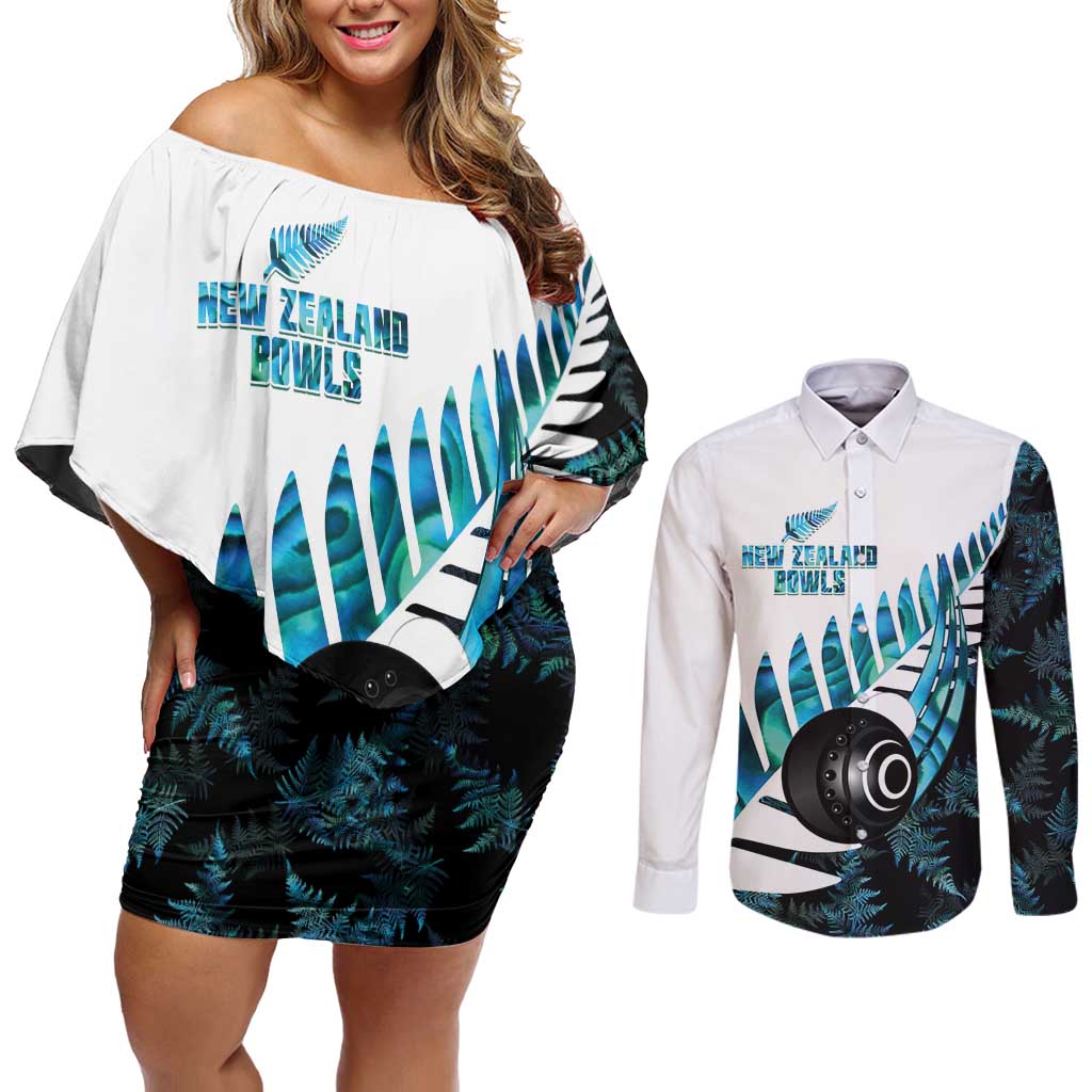 New Zealand Lawn Bowls Custom Couples Matching Off Shoulder Short Dress and Long Sleeve Button Shirt Aotearoa Silver Fern Paua Shell - Polynesian Pride
