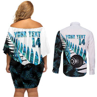 New Zealand Lawn Bowls Custom Couples Matching Off Shoulder Short Dress and Long Sleeve Button Shirt Aotearoa Silver Fern Paua Shell - Polynesian Pride