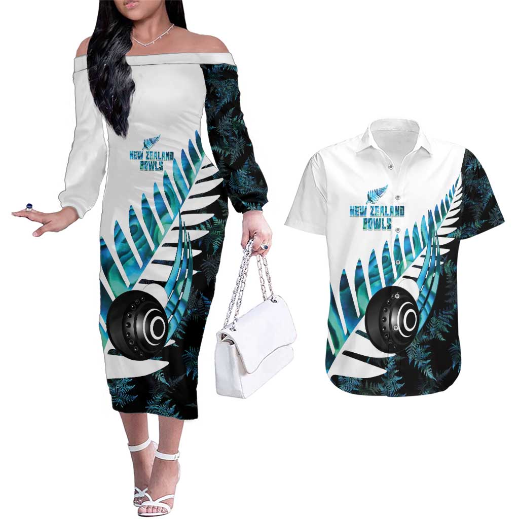 New Zealand Lawn Bowls Custom Couples Matching Off The Shoulder Long Sleeve Dress and Hawaiian Shirt Aotearoa Silver Fern Paua Shell - Polynesian Pride
