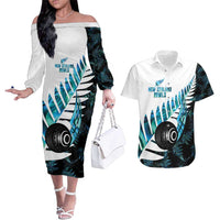 New Zealand Lawn Bowls Custom Couples Matching Off The Shoulder Long Sleeve Dress and Hawaiian Shirt Aotearoa Silver Fern Paua Shell - Polynesian Pride