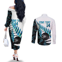New Zealand Lawn Bowls Custom Couples Matching Off The Shoulder Long Sleeve Dress and Long Sleeve Button Shirt Aotearoa Silver Fern Paua Shell - Polynesian Pride
