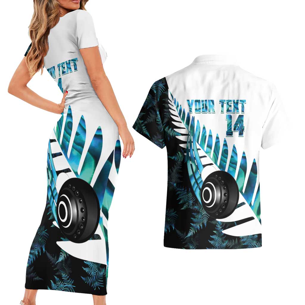 New Zealand Lawn Bowls Custom Couples Matching Short Sleeve Bodycon Dress and Hawaiian Shirt Aotearoa Silver Fern Paua Shell - Polynesian Pride