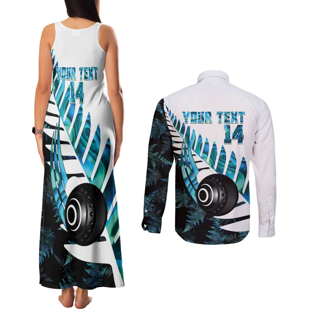New Zealand Lawn Bowls Custom Couples Matching Tank Maxi Dress and Long Sleeve Button Shirt Aotearoa Silver Fern Paua Shell - Polynesian Pride