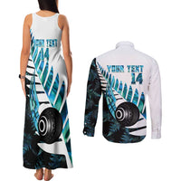 New Zealand Lawn Bowls Custom Couples Matching Tank Maxi Dress and Long Sleeve Button Shirt Aotearoa Silver Fern Paua Shell - Polynesian Pride
