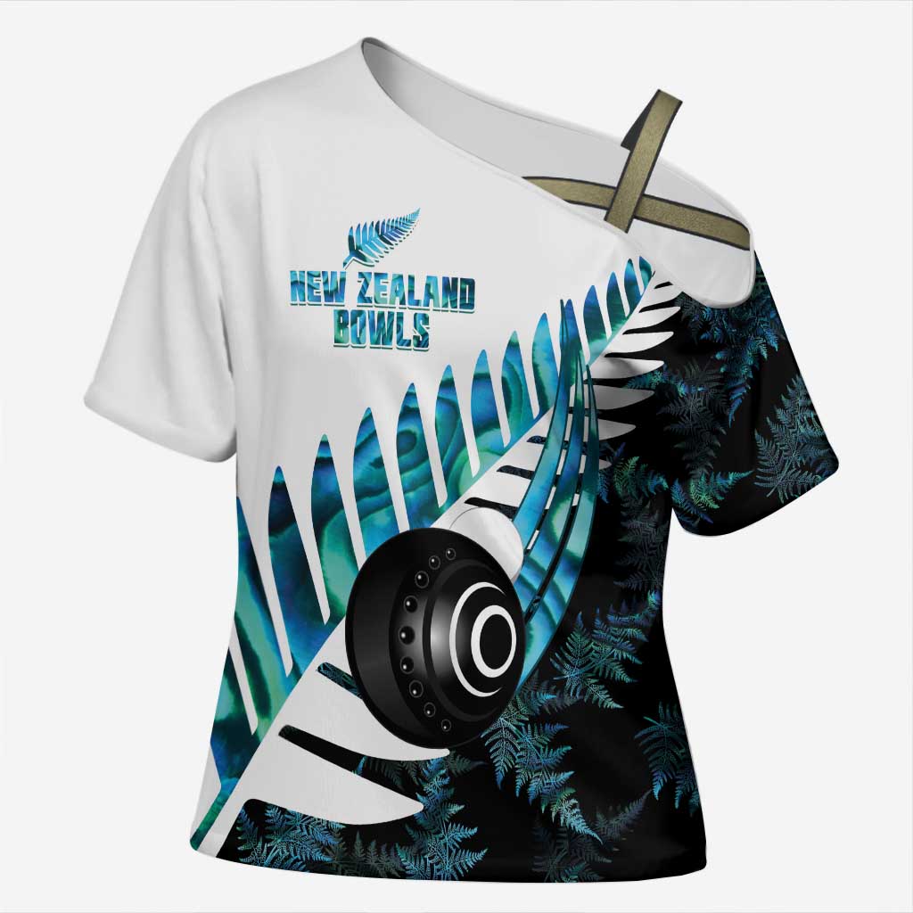 New Zealand Lawn Bowls Custom Cross Shoulder Shirt Aotearoa Silver Fern Paua Shell LT14 Female Black - Polynesian Pride