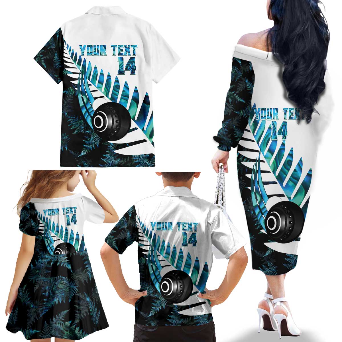 New Zealand Lawn Bowls Custom Family Matching Off The Shoulder Long Sleeve Dress and Hawaiian Shirt Aotearoa Silver Fern Paua Shell - Polynesian Pride